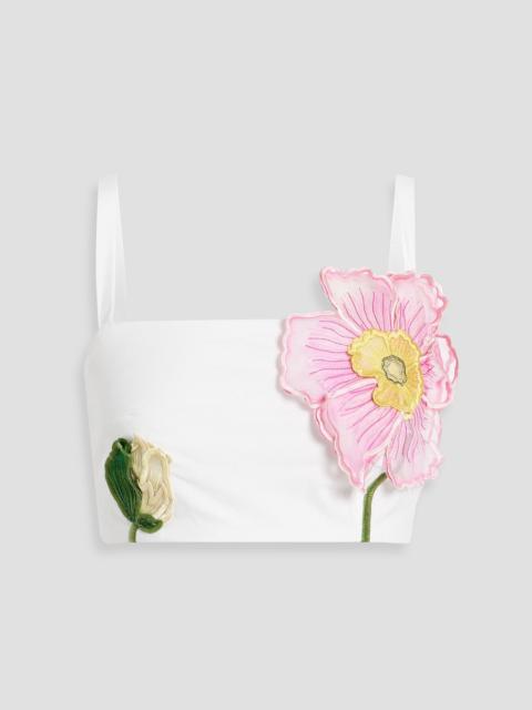 Oscar de la Renta Cropped floral-appliquéd cotton-blend poplin top