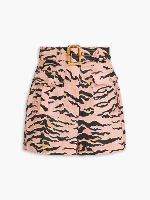 Zimmermann Belted zebra-print linen shorts