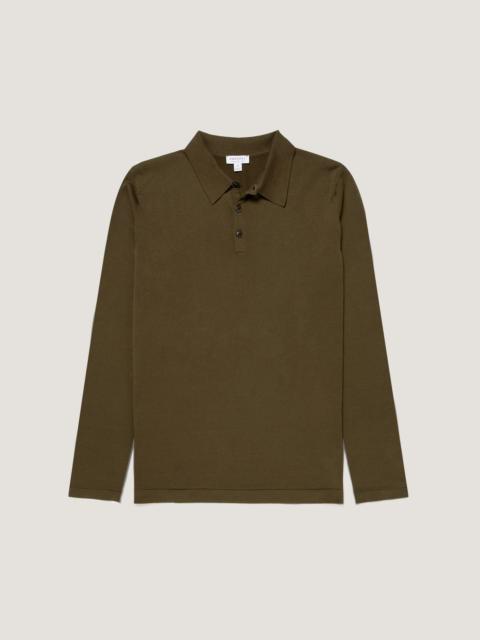 Sunspel Long Sleeve Sea Island Cotton Knit Polo Shirt