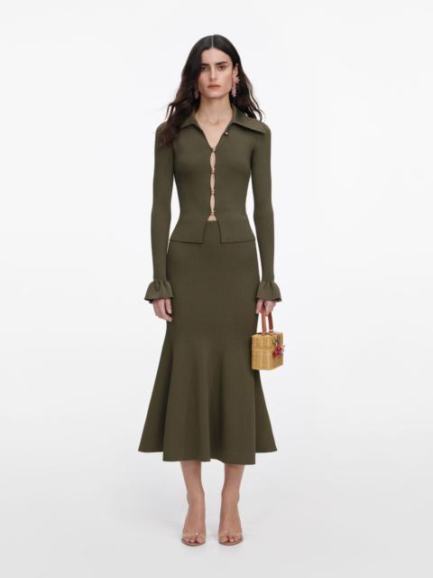 self-portrait Khaki Knit Midi Skirt