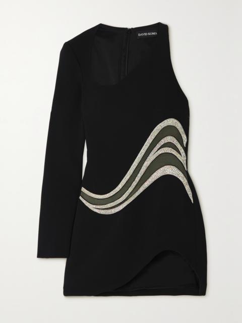 David Koma One-sleeve Crystal-embellished Mesh-trimmed Cady Mini Dress