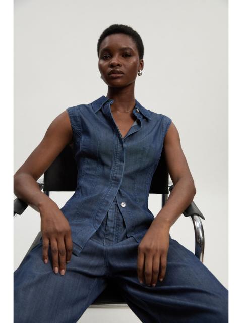 KAREN MILLEN Chambray Stretch Denim Sleeveless Collared Top