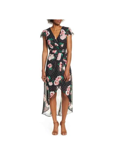 Other Designers Julia Jordan Faux Wrap Dress Black Dots Pink Floral High Low Chiffon SZ 4 NWT