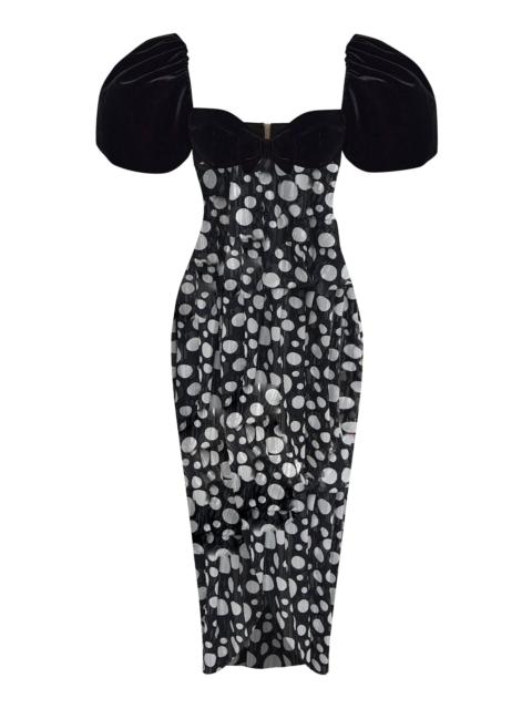 RASARIO Puff-Sleeve Floral Chiffon Midi Dress black/white