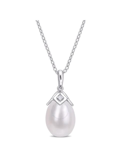 Other Designers AMOUR 8.5-9mm Freshwater Cultured Pearl and Created White Sapphire Drop Pendant with Chain In Sterli