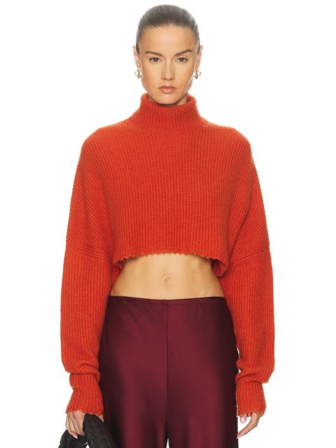 LAPOINTE Airy Cashmere Silk Ribbed Fray Hem Crop Turtleneck Sweater
