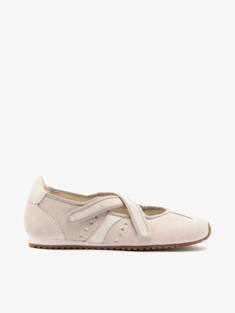 Larroudé Stella Ballerina Flat In Mushroom Grey Suede and Ivory Leather
