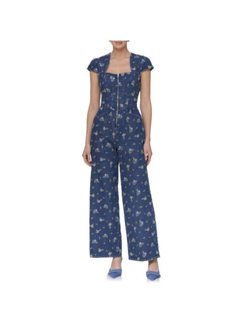 Other Designers New!‎ Avec Les Filles Floral Cap Sleeve Wide Leg Denim Jumpsuit Floral Sz 8 $249