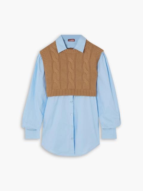 STAUD Cooper layered cable-knit wool and cotton-poplin top