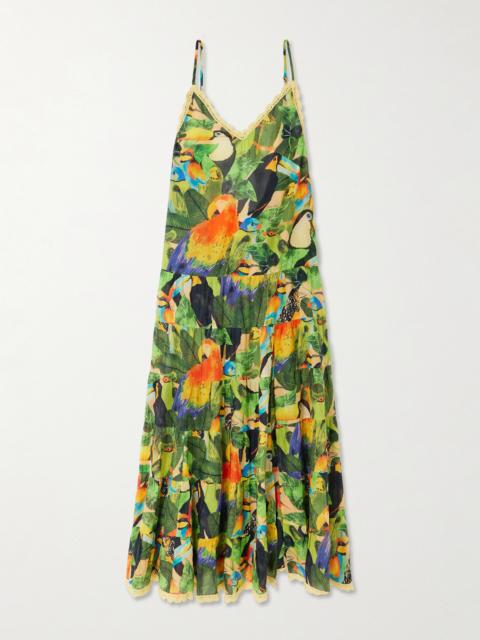 FARM RIO Bird Leaves Crochet-trimmed Tiered Printed Cotton Maxi Dress