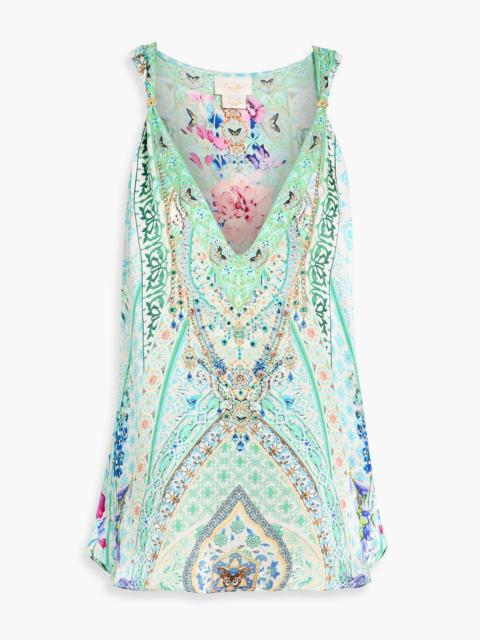 CAMILLA Embellished printed silk-satin top