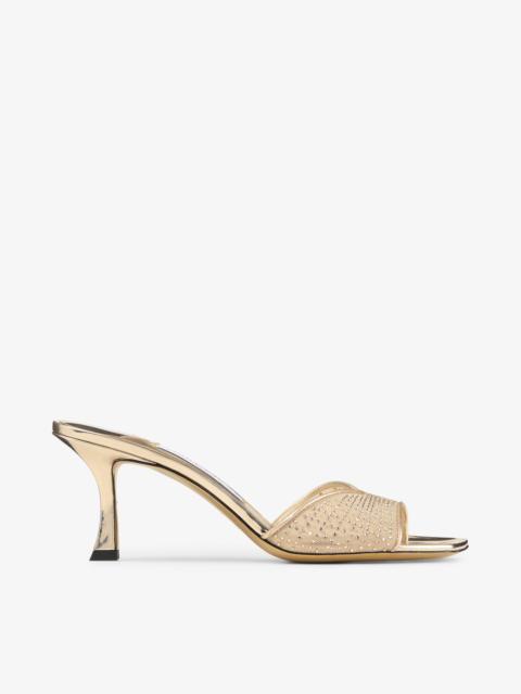JIMMY CHOO Skye 70
Gold Illusion Crystal Mesh and Liquid Metal Leather Sandals