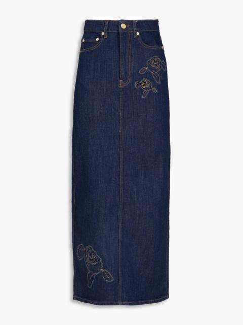 GANNI Appliquéd denim midi pencil skirt