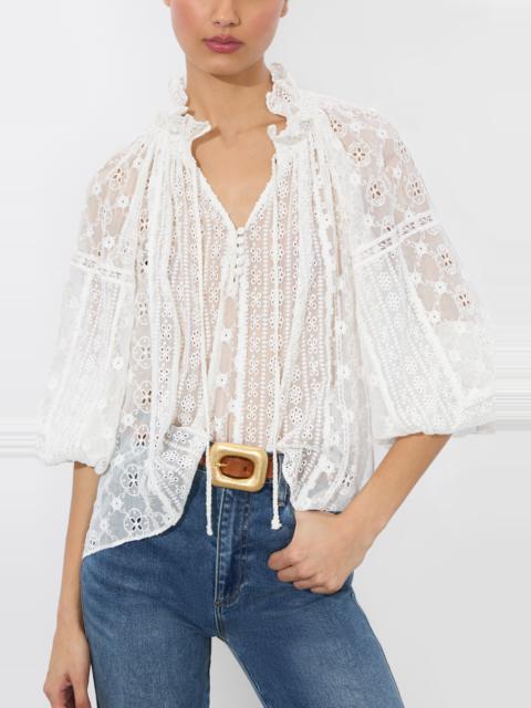 Alice + Olivia Norah Eyelet Embroidered Peasant Top in Off White at Nordstrom
