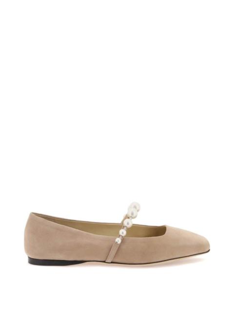 JIMMY CHOO SUEDE LEATHER BALLERINA FLATS WITH PEARL