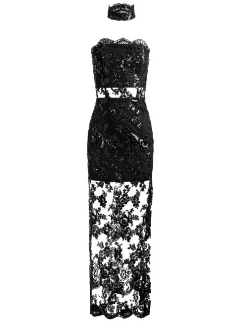 Alice + Olivia GEORGIE EMBELLISHED STRAPLESS HIGH SLIT GOWN WITH COLLAR