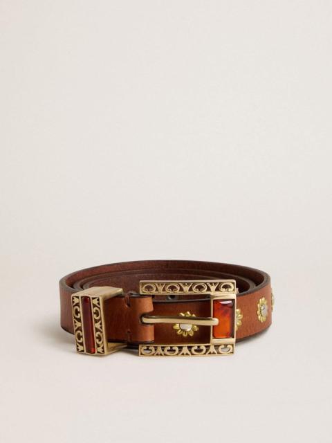 Golden Goose Brown leather belt with golden floral studs and amber inserts