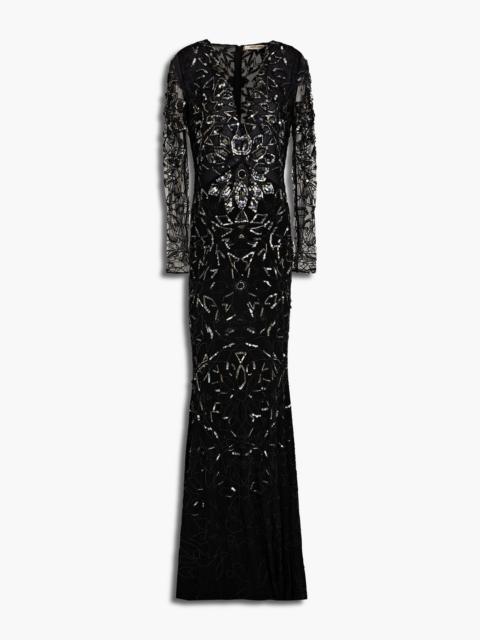 Roberto Cavalli Tulle-paneled embellished jersey gown
