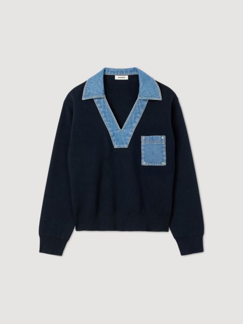 Sandro SWEATER WITH DENIM DETAILS