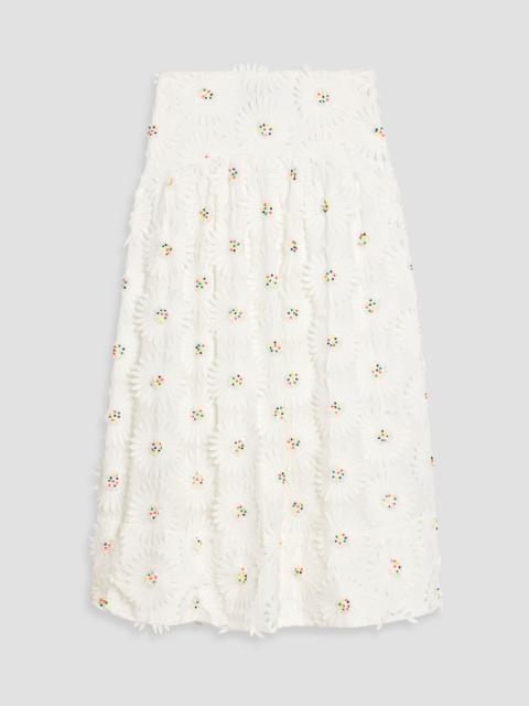 FARM RIO Floral-appliquéd voile midi skirt