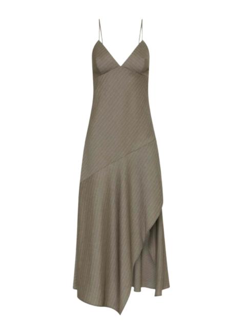 ST. AGNI Asymmetric Slip Dress in Khaki Pinstripe
