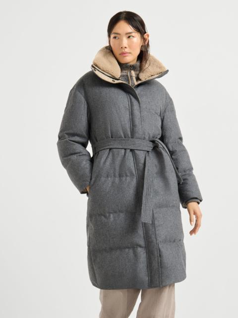 Brunello Cucinelli Virgin wool flannel down coat with detachable merino shearling collar and monili