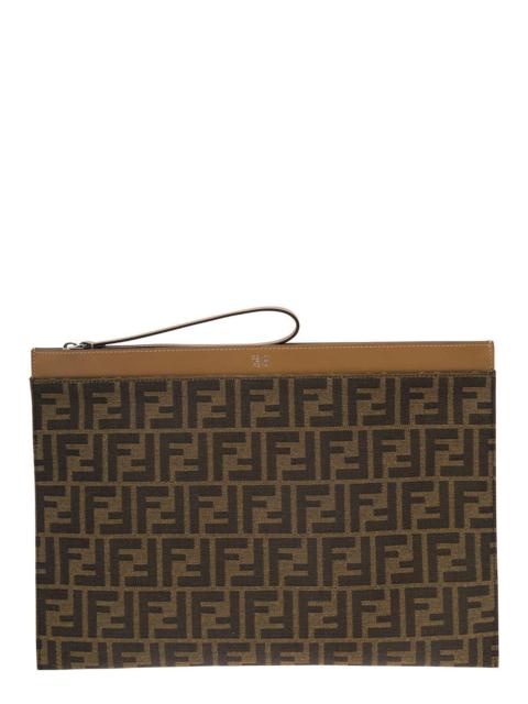 FENDI Fendi Men 'Large Ff' Brown Flat Pouch With Jacquard Motif In Cotton Blend Man