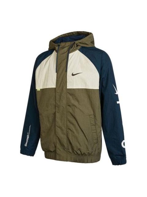 Men's Nike Alphabet Logo Printing Colorblock Hooded Jacket Autumn Olive Green DX6311-222