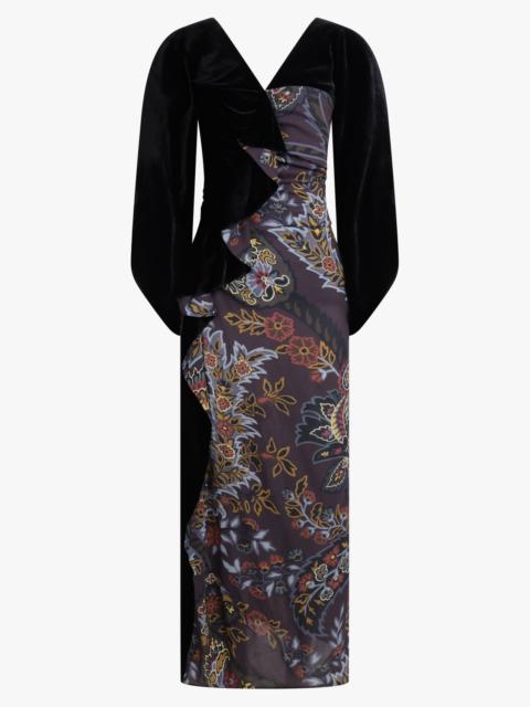 Etro KIMONO STYLE DRAPED FLORAL PRINT MIDI DRESS | BLACK/MULTI