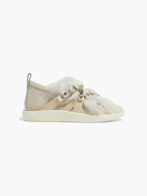 Giuseppe Zanotti Crystal-embellished faux fur-paneled leather sneakers