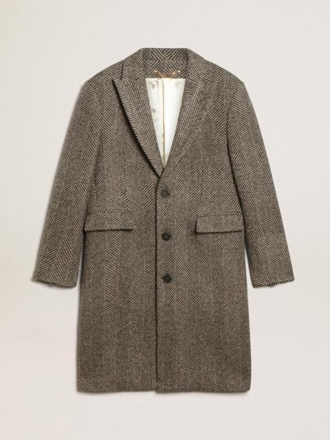 Golden Goose Men's single-breasted wool coat with beige and gray herringbone weave