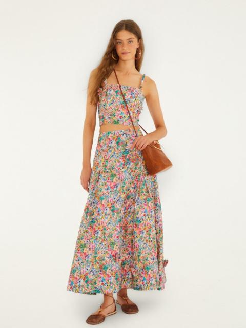 FARM RIO Off-White Peasant Floral Butterflies Euroflax Premium Linen Maxi Skirt