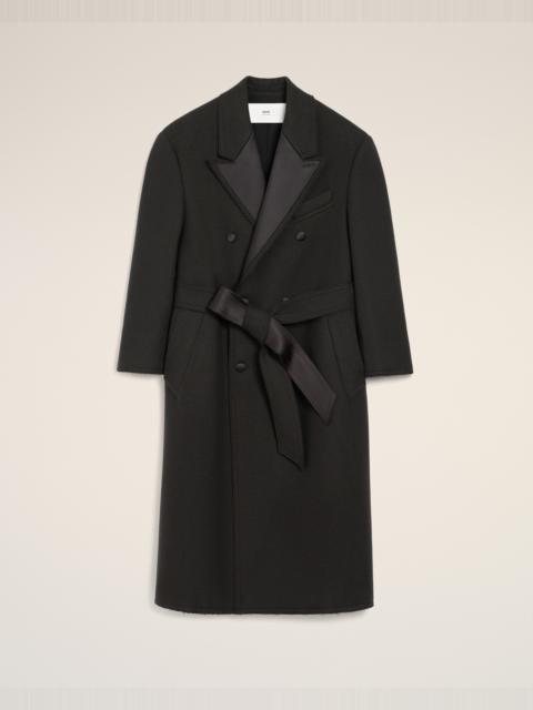 AMI Paris BLACK WOOL SMOCKING DOUBLE BREASTED LONG COAT