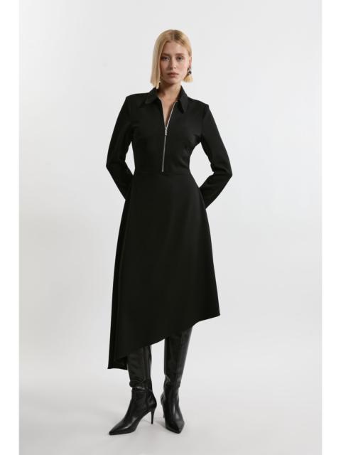 KAREN MILLEN Technical Crepe Tailored Metal Zipp Detail High Low Midi Dress