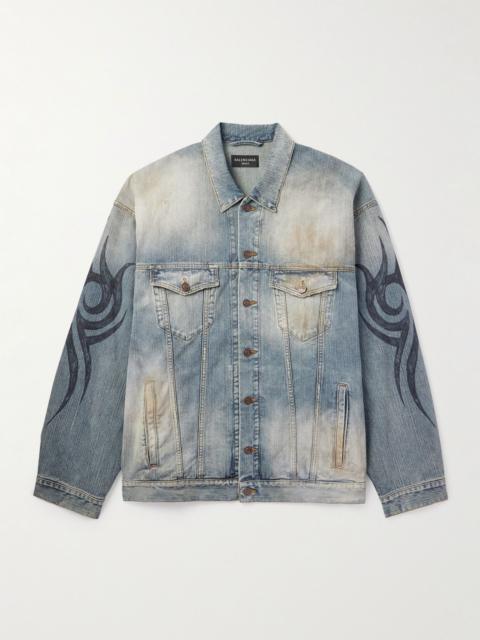 BALENCIAGA Oversized Distressed Printed Denim Jacket Blue
