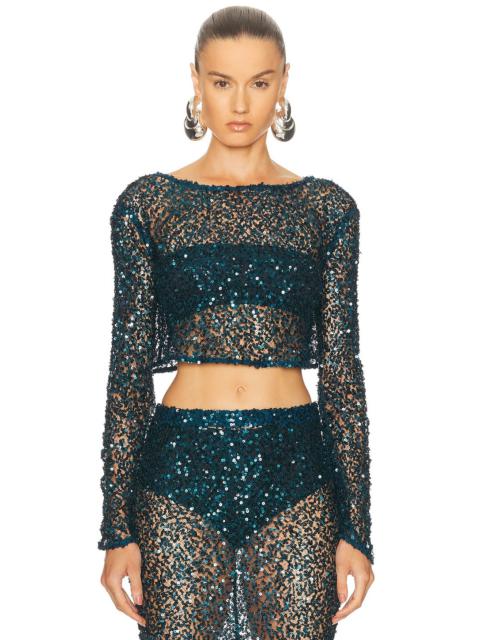 LAPOINTE Net Paillette Cropped Boatneck Top