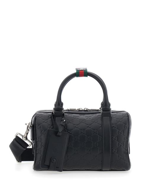 GUCCI Gucci Men 'Emblem' Black Handbag With All-Over Embossed Gg Motif And Web Detail In Leather Man