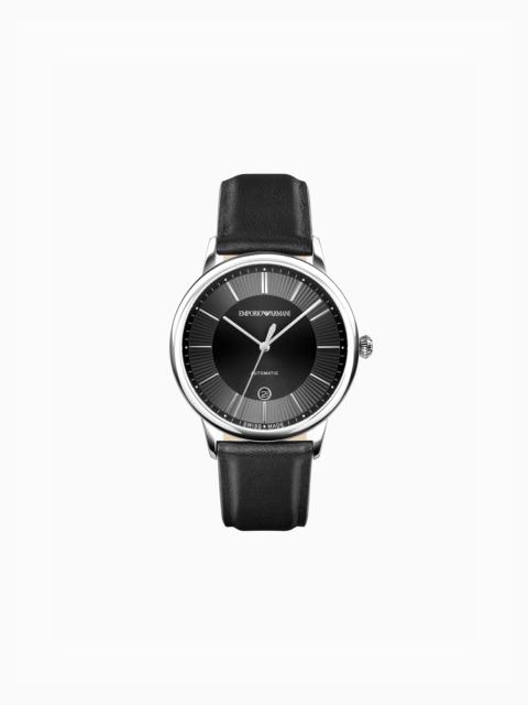 EMPORIO ARMANI SWISS MADE AUTOMATIC BLACK LEATHER WATCH