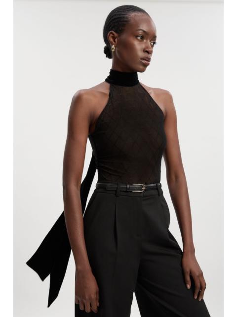 KAREN MILLEN Mesh With Velvet Bow Neck Detail Halter Neck Bodysuit