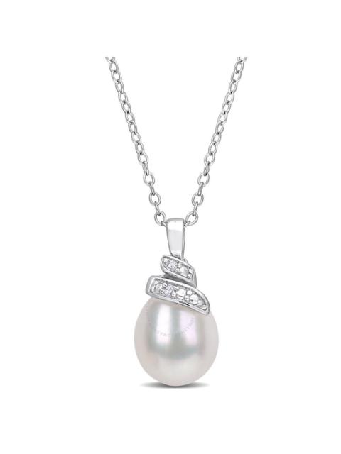 Other Designers AMOUR 6.5-7mm Freshwater Cultured Pearl and Diamond Accent Swirl Pendant with Chain In Sterling Silv