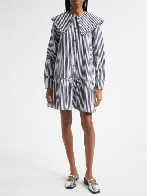 GANNI Ganni Stripe Collar Long Sleeve Organic Cotton Shift Dress in Black at Nordstrom