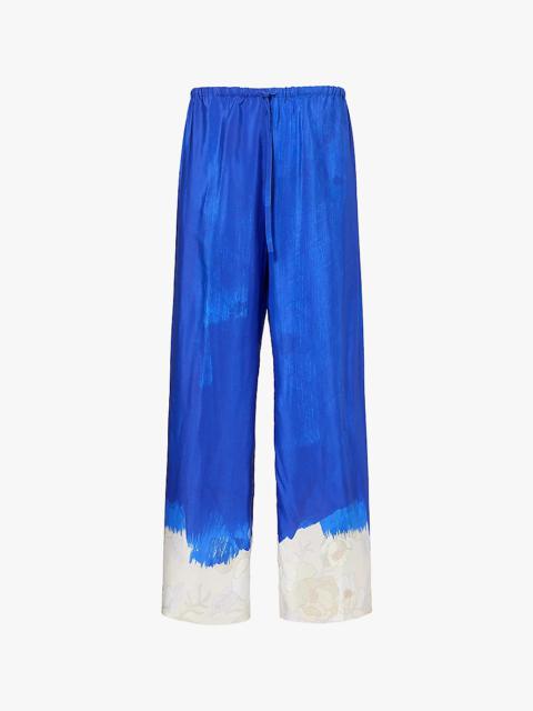 Puvis Bis wide-leg floral-hem silk-crepe trousers