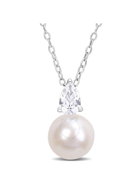 Other Designers AMOUR 8.5-9mm White Freshwater Cultured Pearl and 5/8 CT TGW Created White Sapphire Solitaire Pendan
