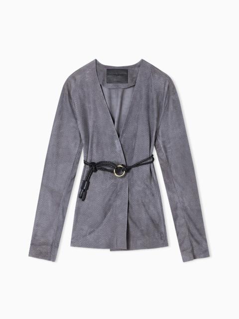 GIORGIO ARMANI SUEDE-LAMBSKIN SHIRT JACKET WITH CHEVRON PRINT