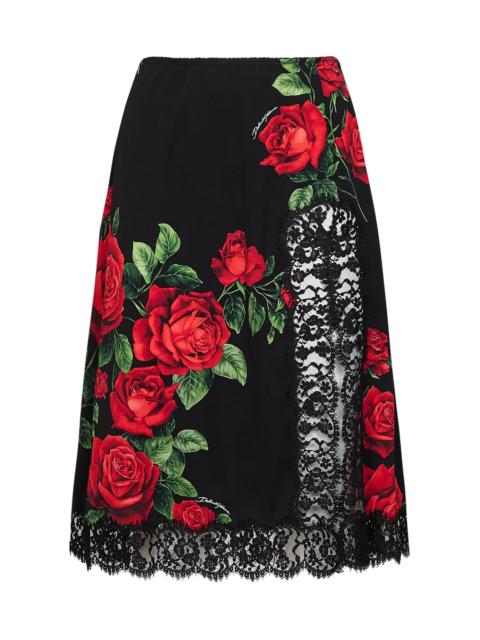 Dolce & Gabbana Dolce & Gabbana Women Black Rose-Print Silk-Blend And Black Flared Midi Skirt