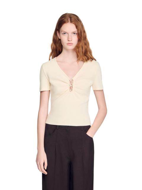 Sandro SANDRO Jewelled cropped cotton T-shirt in Ecru at Nordstrom