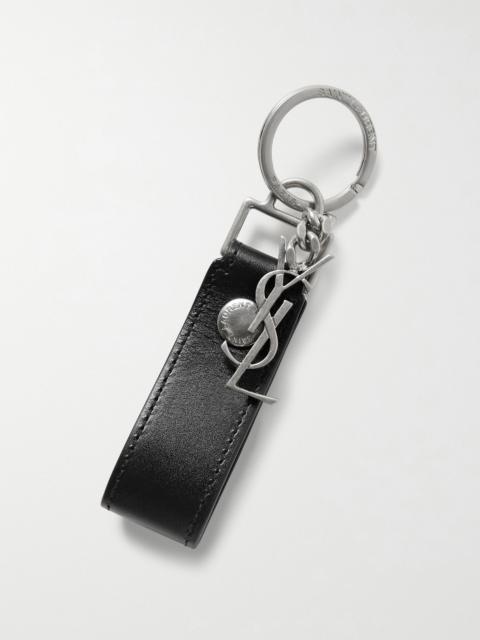 SAINT LAURENT Leather and Burnished Silver-Tone Key Fob Black