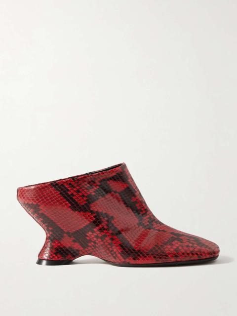 Snake-effect leather mules Red