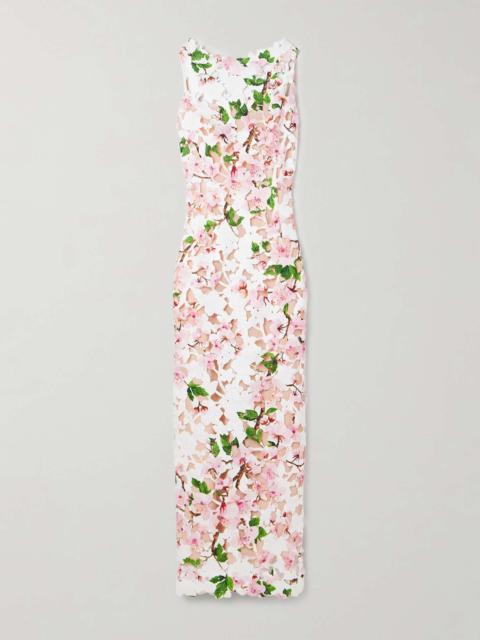 Floral-print guipure lace gown White