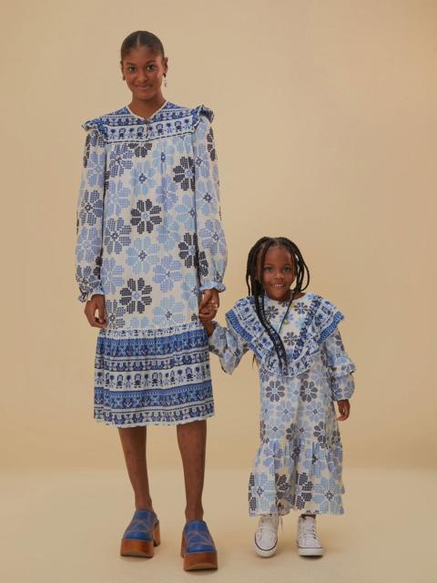 FARM RIO Off-White Stitched Flowers And Girls Midi Dress